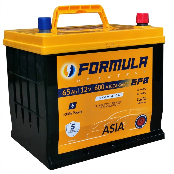 Акумулятор автомобильний 6CT-65 Formula Asia EFB 65Ah-12V (230х175х225), (+ праворуч), CCA600