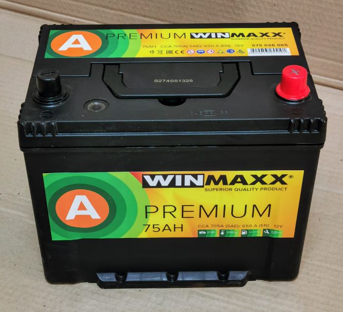 Акумулятор 6CT-75 WinMaxx Premium Asia 75Ah-12V (260х175х225), (+ справа), EN650